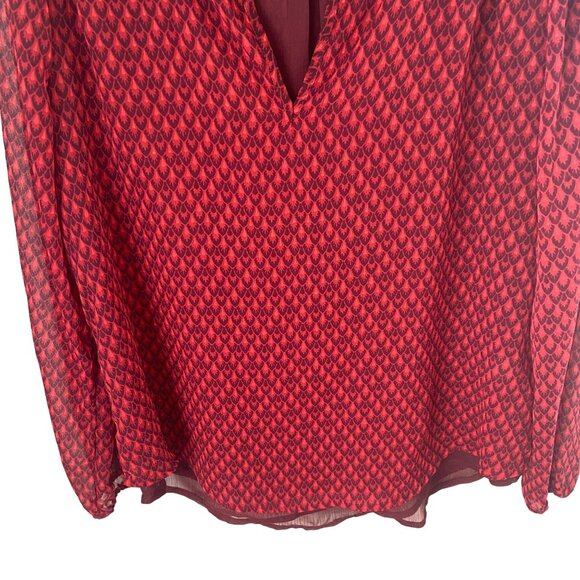 Lucky Brand Red & Black Animal Print Split Neck Blouse Sz Medium Long Sleeves - Picture 5 of 11